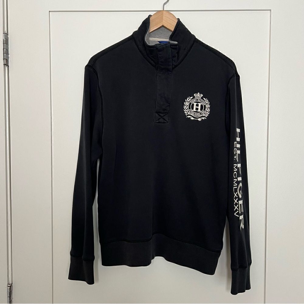Tommy Hilfiger Sweater Pullover Mens Medium Black 1/4 Zip Snap Button Mock Neck